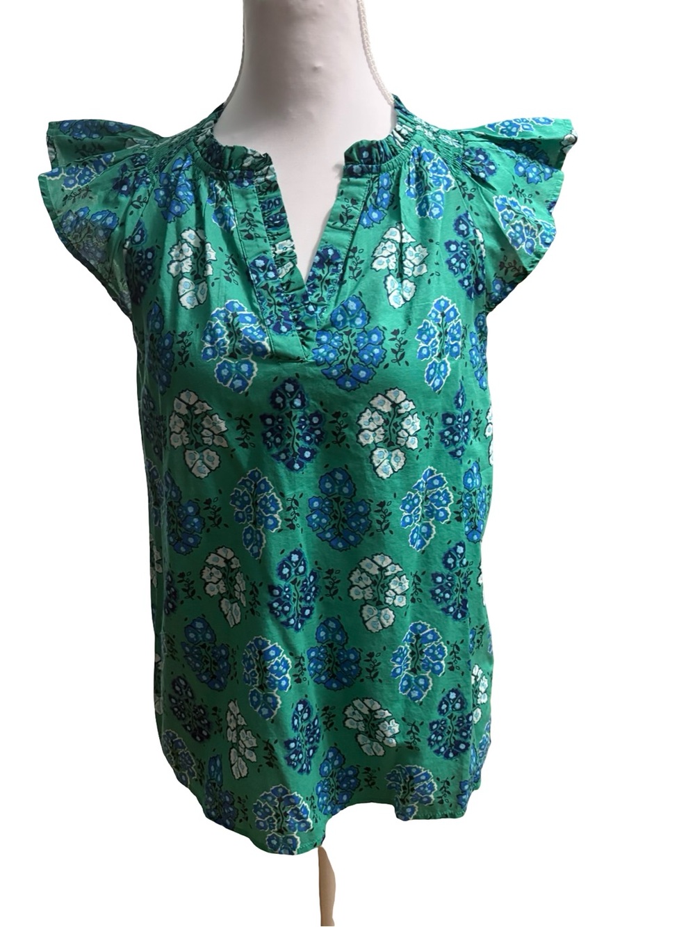 J. Crew Green Floral Flutter-Sleeve Blouse